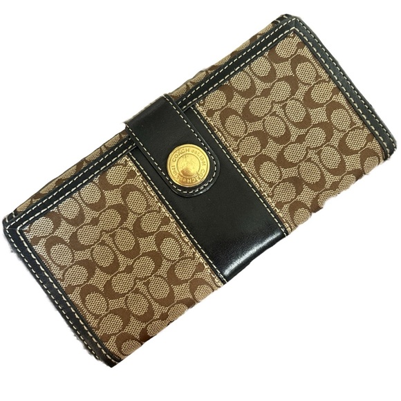 Coach Signature C Brown Canvas Leather Trim Credit Card Bifold Long Wallet - Picture 1 of 10